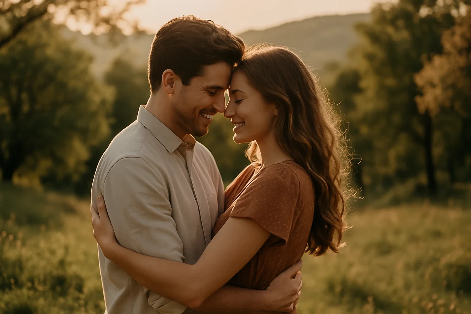 Inicio Pareja abrazándose en un entorno natural romántico durante su escapada en España.