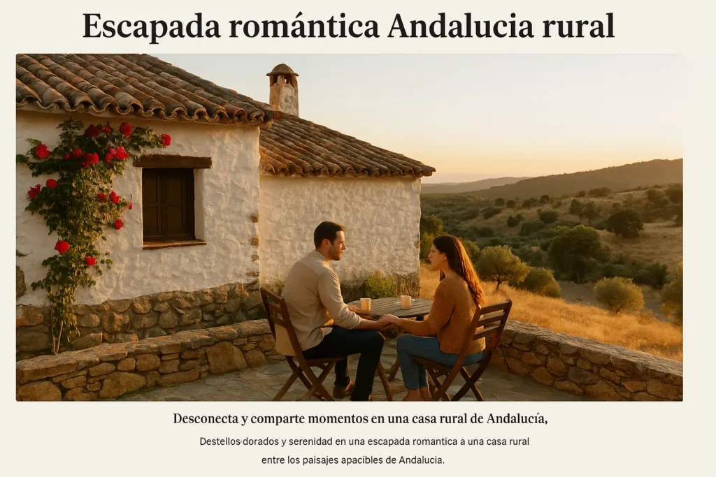 Inolvidable escapada romántica de fin de semana en Andalucía Pareja disfrutando del atardecer en una casa rural andaluza rodeada de naturaleza.