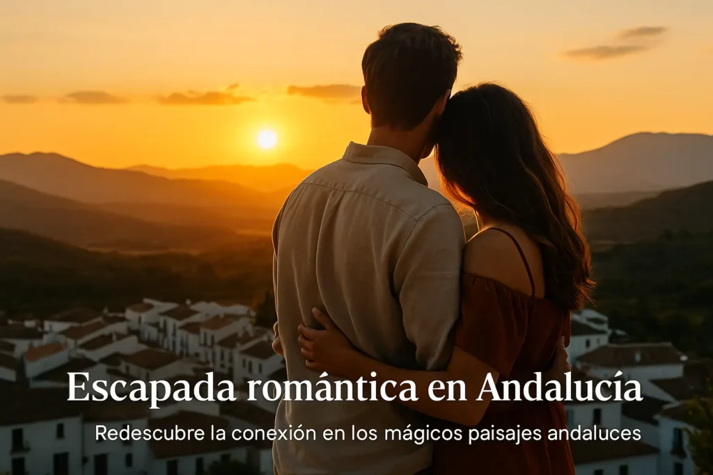 Inolvidable escapada romántica de fin de semana en Andalucía Pareja abrazada contemplando el atardecer sobre un pueblo andaluz blanco.