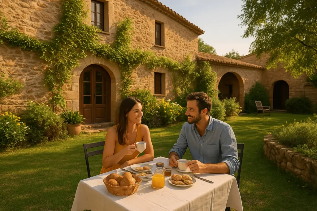 Escapada romántica en Catalunya: rincones con alma, momentos compartidos y planes que enamoran Desayuno en pareja al aire libre en el jardín de una masía rural catalana rodeada de naturaleza,escapada romántica catalunya