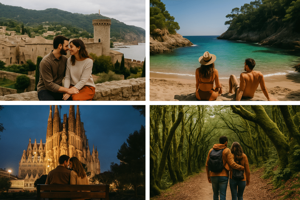 Escapada fin de semana romantico: Ideas Inolvidables para Sorprender en Pareja Collage de parejas disfrutando de escapadas románticas en diferentes paisajes de España: pueblo medieval, cala secreta, ciudad y bosque.