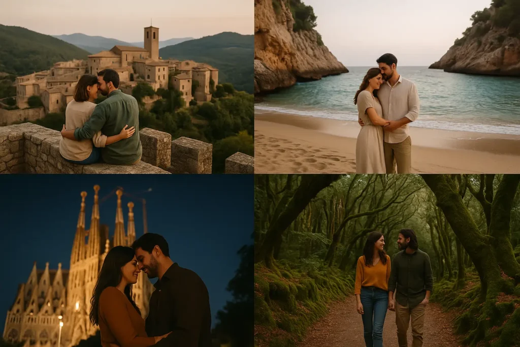 Escapada fin de semana romantico: Ideas Inolvidables para Sorprender en Pareja Collage de parejas disfrutando una escapada romántica por Cataluña: pueblo histórico, cala, monumento y bosque.