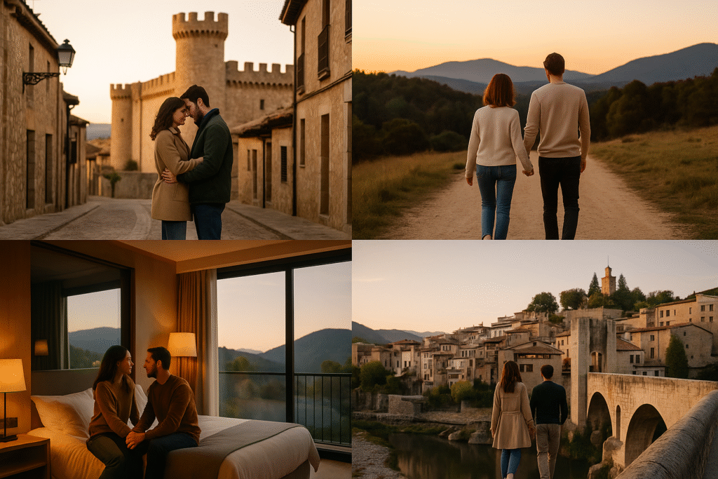 Escapada fin de semana romantico: Ideas Inolvidables para Sorprender en Pareja Collage de parejas explorando lugares románticos cerca de Madrid: pueblo histórico, campo, hotel y puente antiguo.