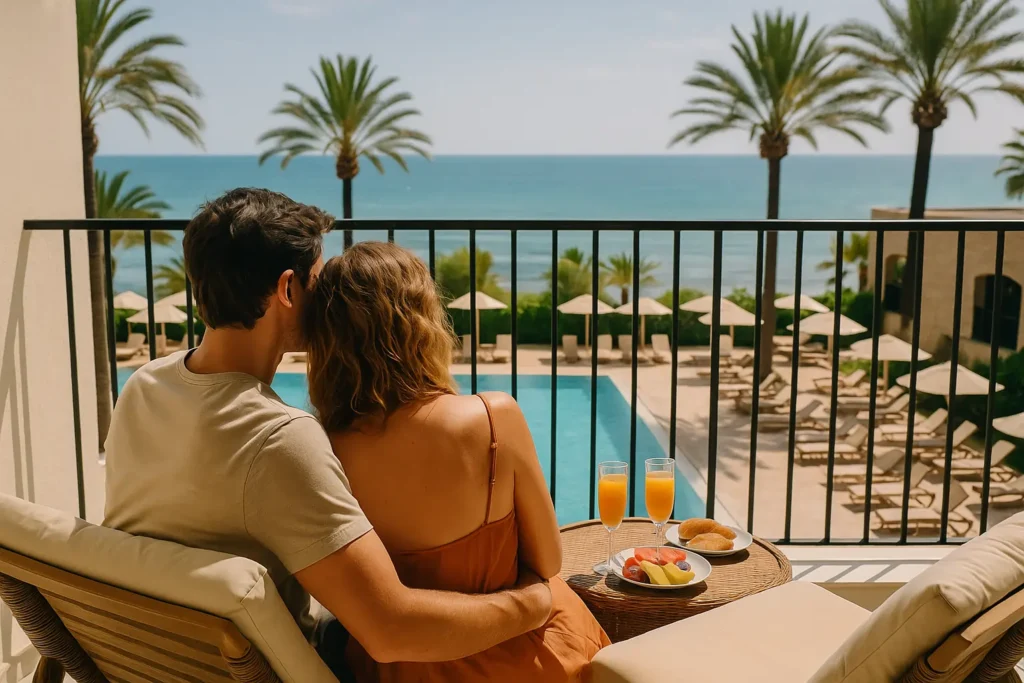Escapada fin de semana romantico: Ideas Inolvidables para Sorprender en Pareja Pareja disfrutando de un desayuno en la terraza de un resort todo incluido con vista al mar.