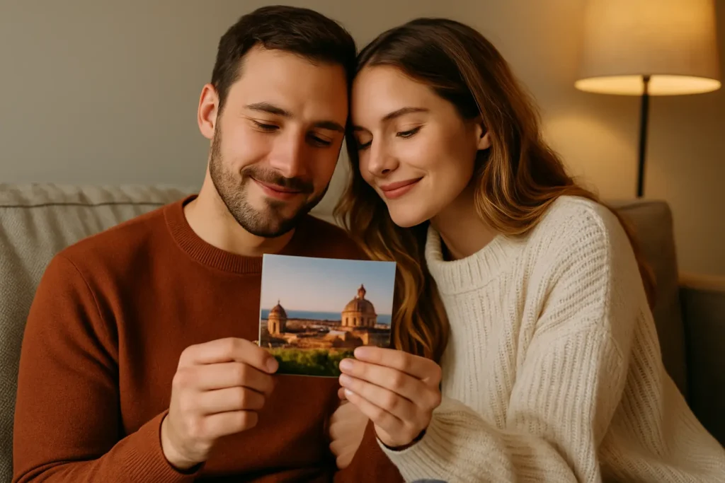 Regalo viaje pareja Pareja sonriente sosteniendo una postal de viaje en casa,Regalo viaje pareja: