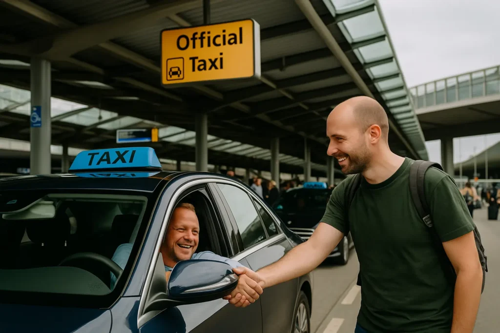 Cómo ir del aeropuerto de Ámsterdam al centro Pasajero subiendo a un taxi oficial en el aeropuerto de Ámsterdam