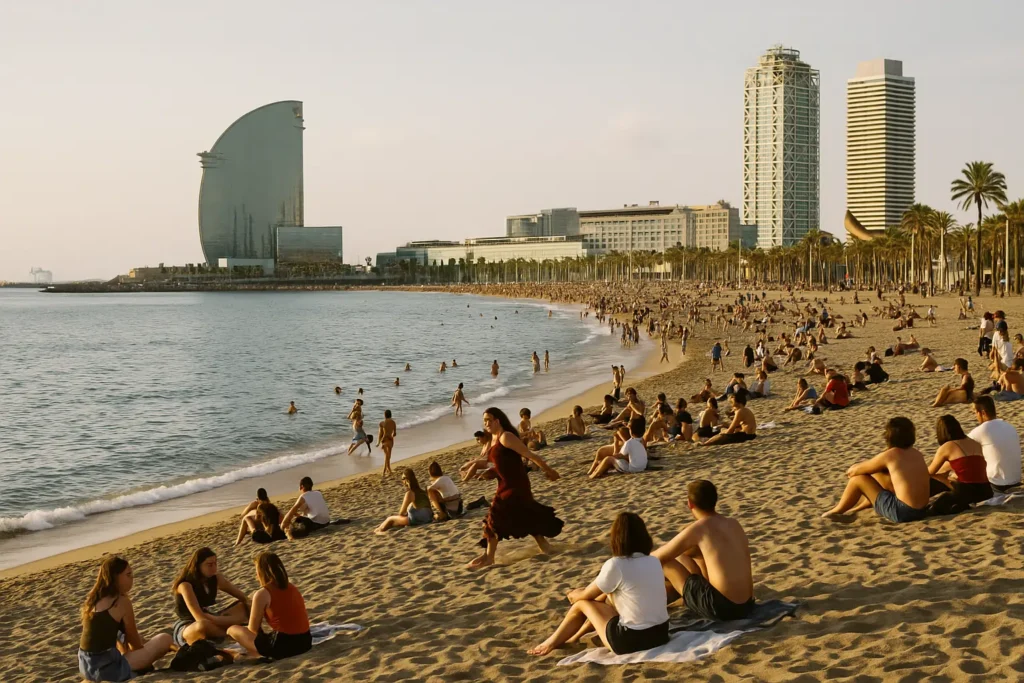 Cosas que ver y hacer en Barcelona Atardecer en la playa de la Barceloneta con el Hotel W al fondo