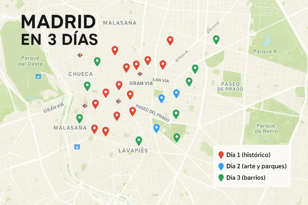 Madrid en 3 Días: Itinerario Completo para Conocer la Capital Mapa turístico de Madrid con ruta de 3 días por colores