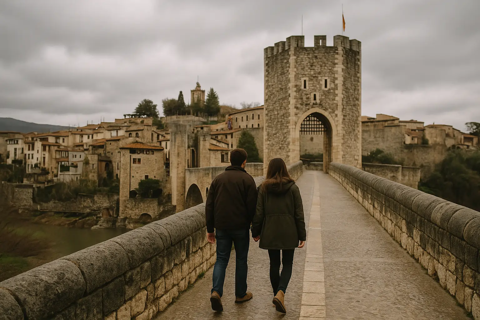 Pareja caminando de la mano sobre el puente medieval de Besalú en Catalunya durante una escapada romántica de fin de semana.