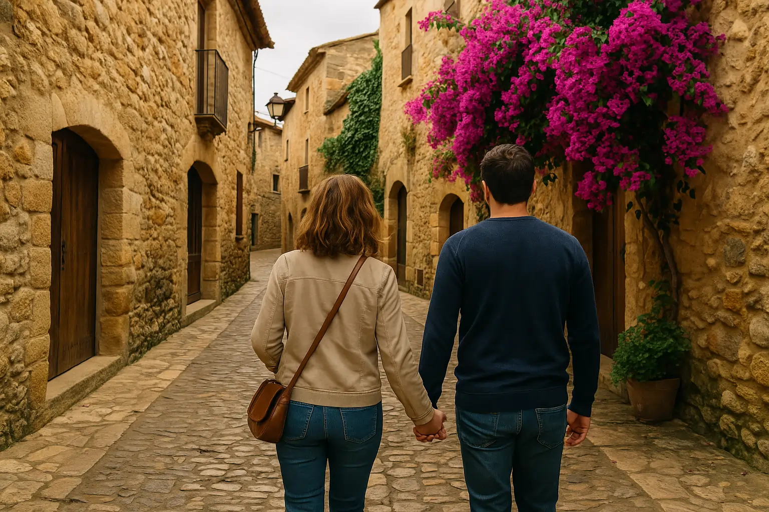 Pareja paseando por las calles empedradas de Peratallada, rodeados de casas de piedra y buganvillas en flor durante una escapada romántica.Escapadas románticas Escapadas románticas de fin de semana en España