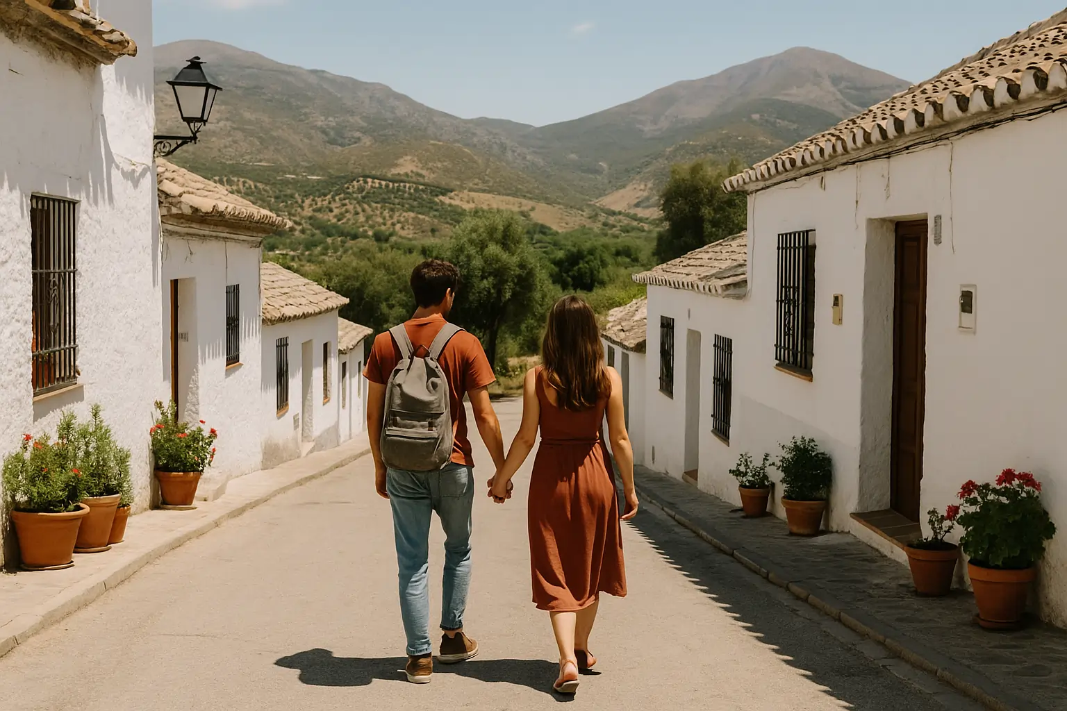 Couple walking hand-in-hand down a quiet street in a whitewashed Andalusian village with mountains in the background.escapadas baratas por Andalucía