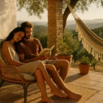 Young couple reading together on a rustic terrace in rural Andalusia at sunset, surrounded by olive trees and warm golden light. escapada relax andalucia
