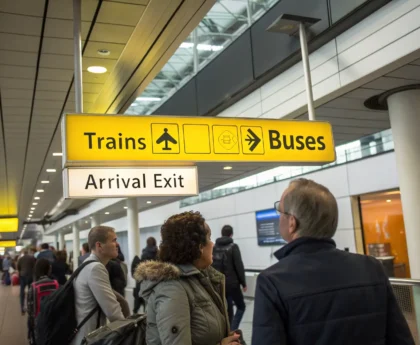 Gente buscando señales de transporte en el aeropuerto Schiphol