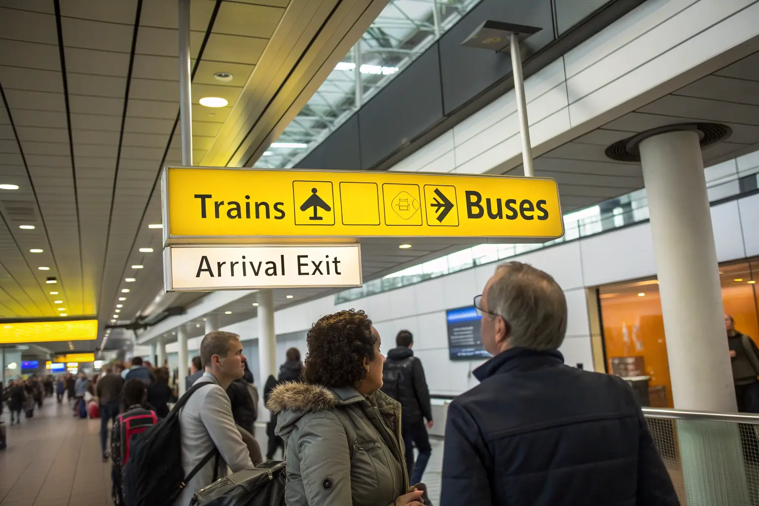 Gente buscando señales de transporte en el aeropuerto Schiphol