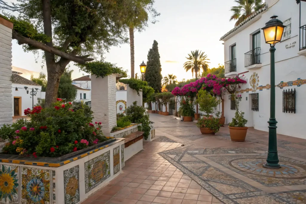 Escapadas de Fin de Semana Baratas en Andalucía Locals enjoying a sunny Andalusian plaza with benches, flowers, and mountain views