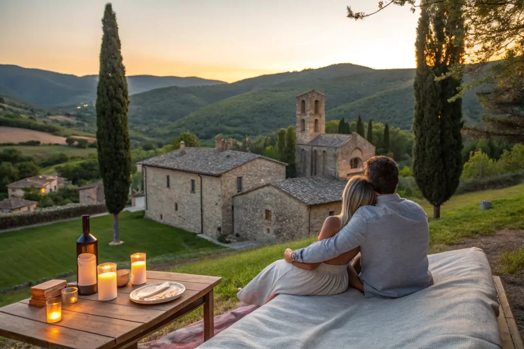 Escapada fin de semana romantico: Ideas Inolvidables para Sorprender en Pareja Pareja disfrutando del atardecer frente a un pequeño pueblo desde un alojamiento rural cercano.escapada fin de semana romantico