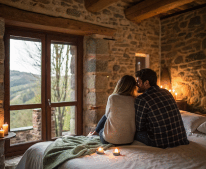 Pareja abrazada disfrutando del atardecer desde una habitación rústica con velas y vino.escapada fin de semana romantico