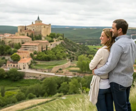 Escapada parejas Madrid Pareja abrazada contemplando un pueblo medieval desde una colina