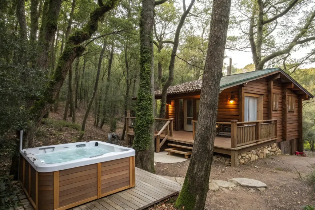 Escapada romántica en Catalunya: rincones con alma, momentos compartidos y planes que enamoran Cabaña de madera entre árboles en el Montseny con jacuzzi exterior iluminado por la luz de las estrellas