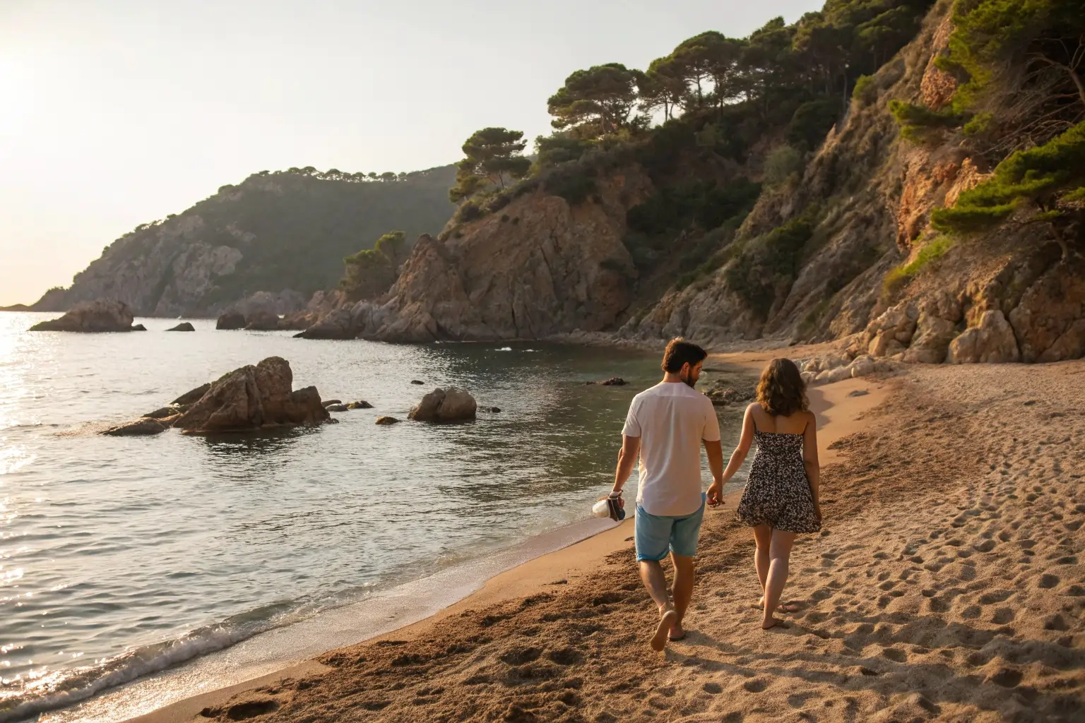 Escapada romántica en Catalunya: rincones con alma, momentos compartidos y planes que enamoran Pareja caminando descalza por la orilla en una cala escondida de la Costa Brava al amanecer
