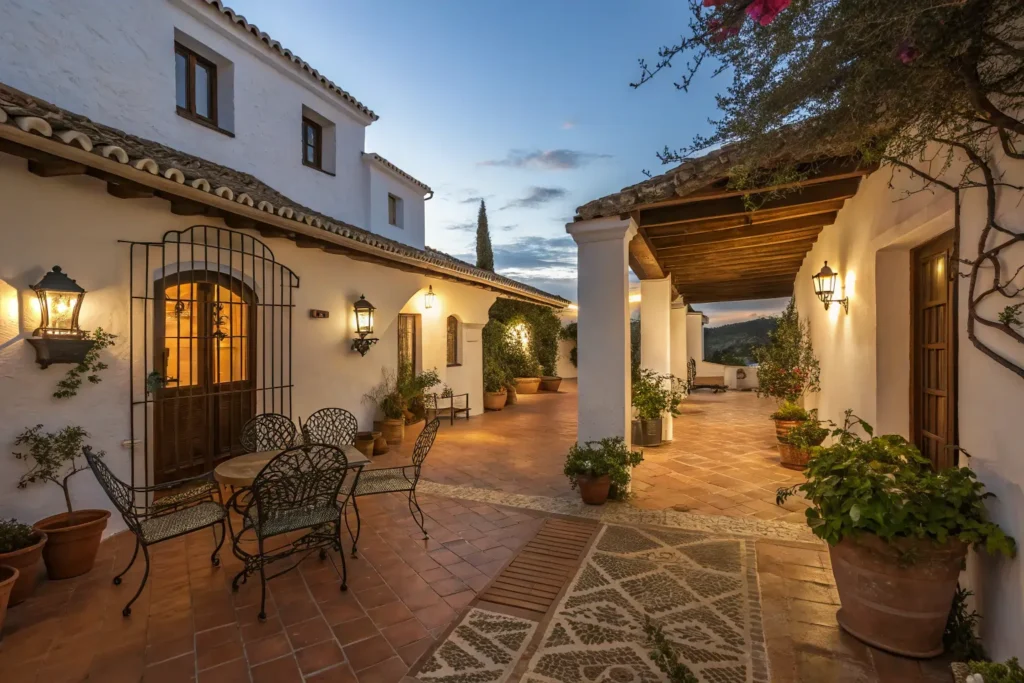 Cena romántica en el patio de un cortijo andaluz al anochecer

