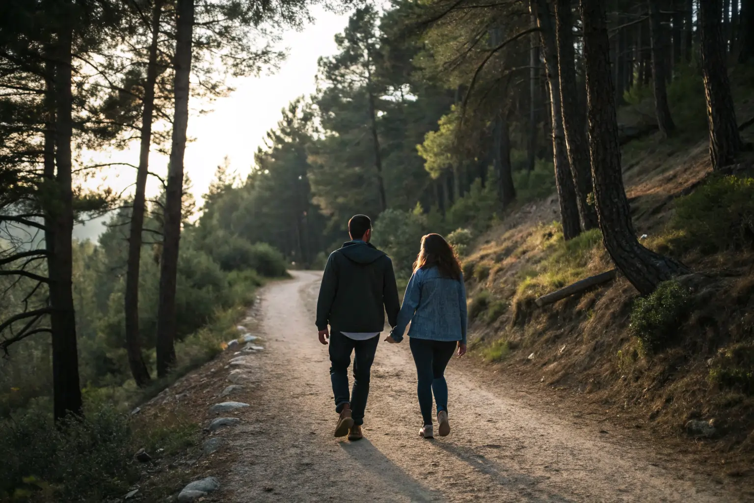 Pareja caminando de la mano por un camino forestal entre pinos, con chaquetas y gorros de invierno, en un ambiente tranquilo y romántico.Escapada romántica cerca de Madrid
