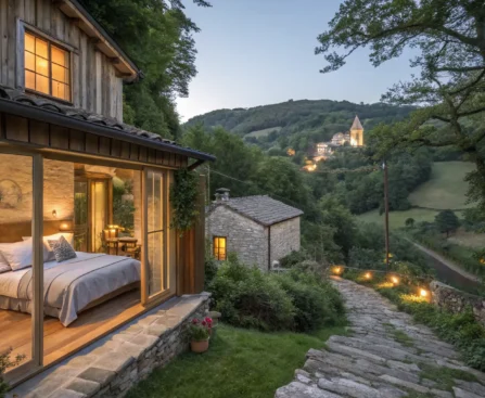 Casa rural con grandes ventanales y vistas a un pueblo iluminado entre colinas verdes escapada romantica
