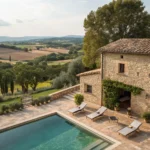 Esta imagen captura la esencia de Mas La Casassa, un refugio rural cerca de Sant Gregori, Girona. Se muestra una piscina privada junto a una construcción de piedra tradicional, con tumbonas sobre suelo de terracota, árboles y campo al fondo.suites con piscina privada