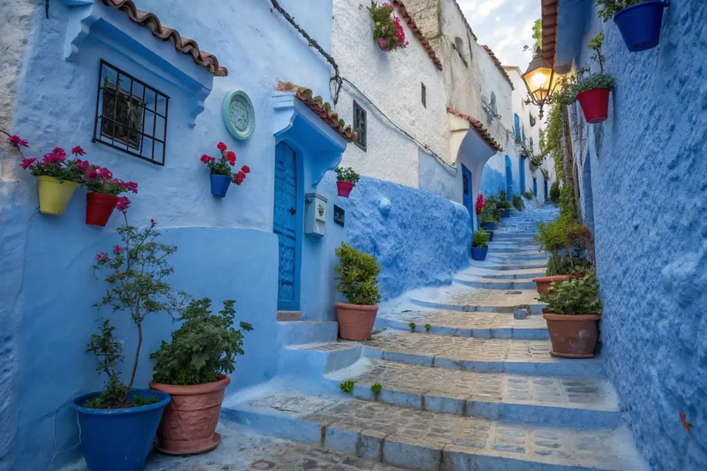 Regalo viaje pareja Pareja caminando por las callejuelas azules de Chefchaouen ,Regalo viaje pareja: