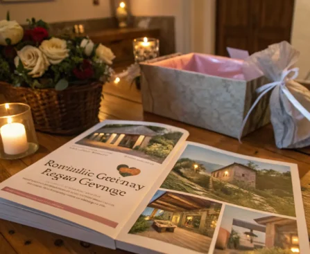 Caja regalo escapada romántica con flores, vela y folleto de destinos
