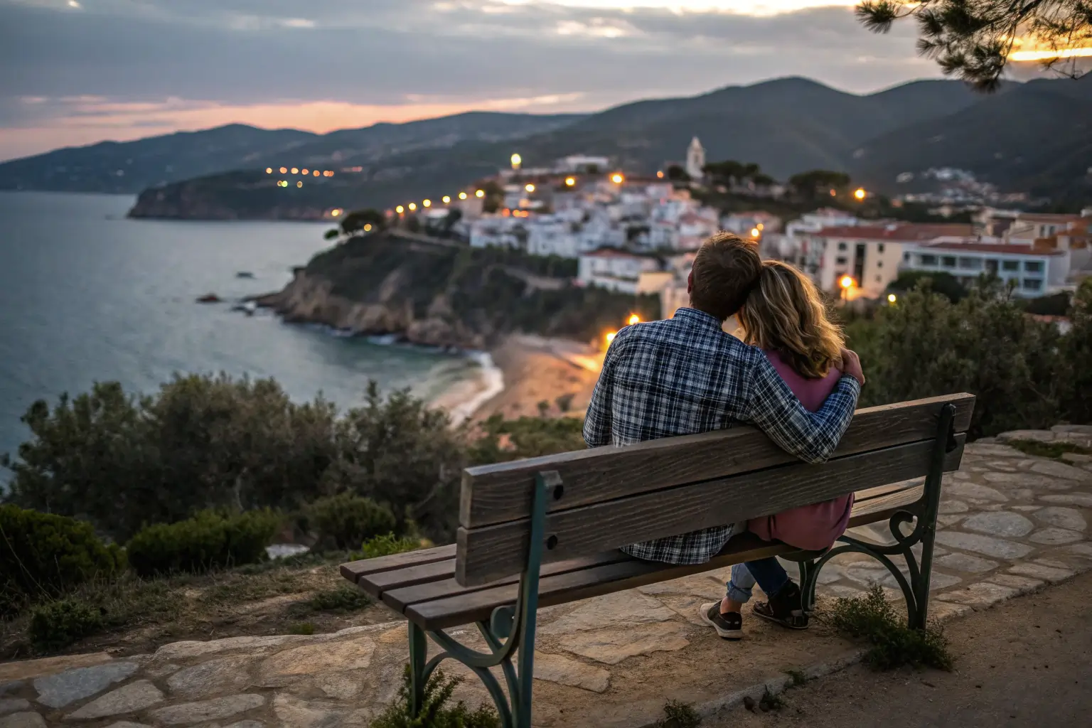 Pareja abrazada contemplando el atardecer sobre un pueblo blanco en la costa de España