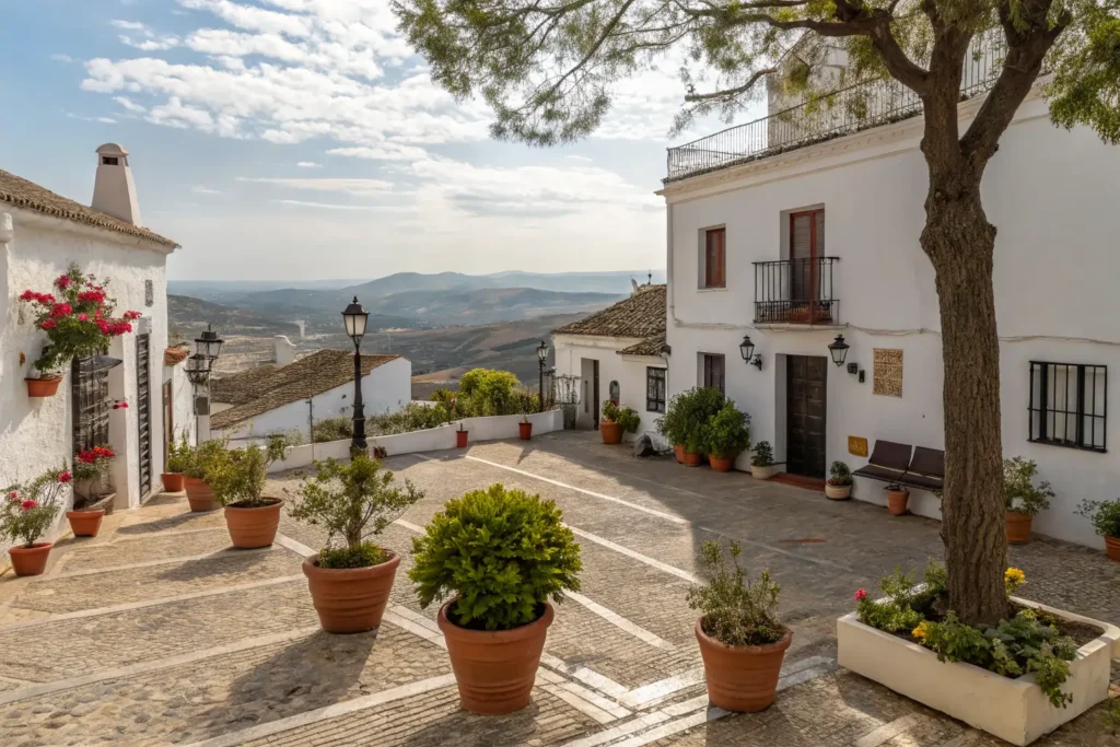 Escapadas de Fin de Semana Baratas en Andalucía Plaza empedrada con casas blancas, macetas y vistas a las colinas en un pueblo andaluz.
escapadas baratas por Andalucía