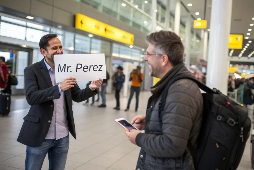 Cómo ir del aeropuerto de Ámsterdam al centro Conductor esperando con cartel en Schiphol para traslado privado