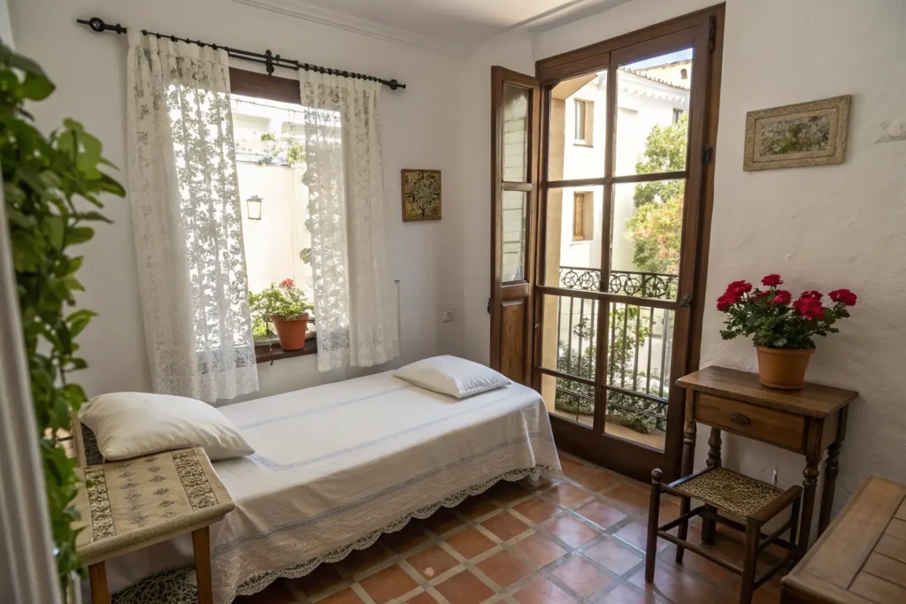 Escapadas de Fin de Semana Baratas en Andalucía Simple guest room in an Andalusian pension with window to flower-filled patio