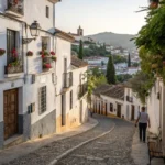 Street view of the Albaicín neighborhood in Granada with a distant Alhambra Granada en 2 días