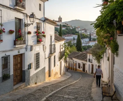 Street view of the Albaicín neighborhood in Granada with a distant Alhambra Granada en 2 días