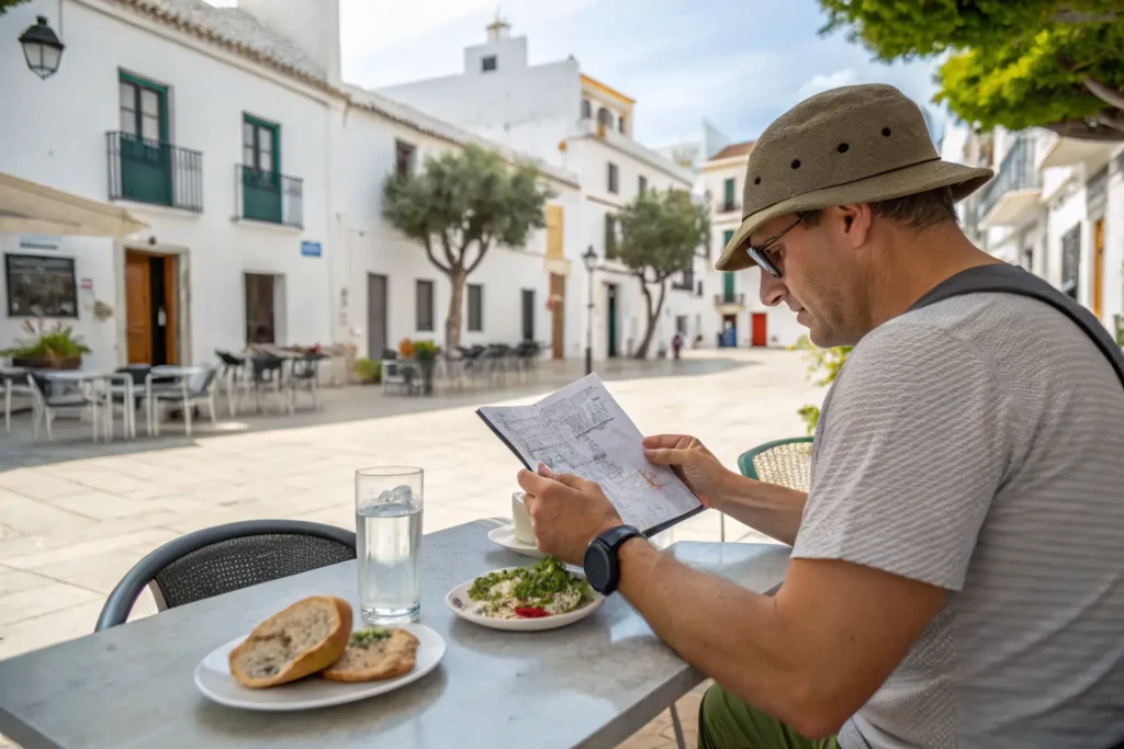 Escapadas de Fin de Semana Baratas en Andalucía Traveler at a quiet Andalusian café reviewing trip plans with a light meal