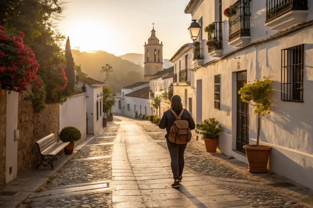 Escapadas de Fin de Semana Baratas en Andalucía Traveler walking alone in a quiet Andalusian street at golden hour with backpack and warm light