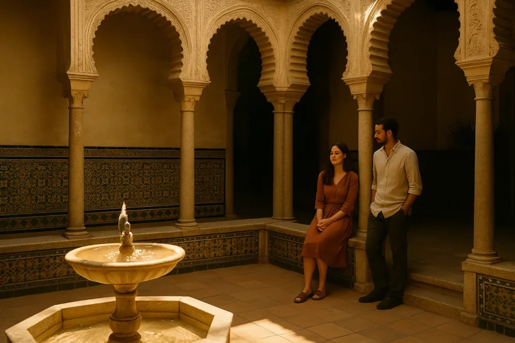Sevilla Romántica: Itinerario de 48 Horas Pareja sentada en silencio en un patio andaluz con arcos y azulejos, iluminado por la luz suave de la tarde.