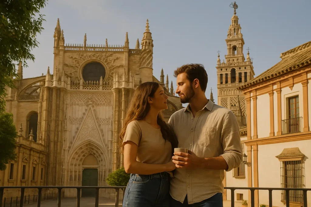 Sevilla Romántica: Itinerario de 48 Horas Couple walking in the quiet morning light through Santa Cruz in Seville with Giralda in the background