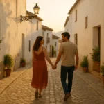 Couple walking hand-in-hand through a quiet Andalusian street at sunset,Fin de semana romántico en Andalucía: guía completa para parejas