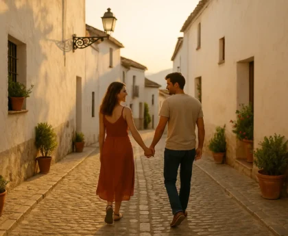 Couple walking hand-in-hand through a quiet Andalusian street at sunset,Fin de semana romántico en Andalucía: guía completa para parejas