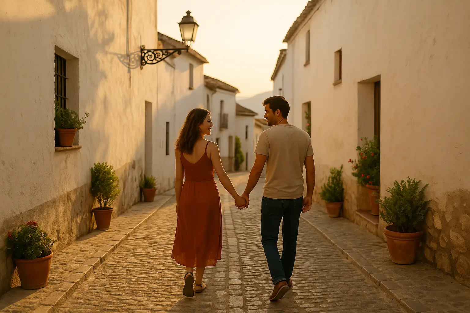 Couple walking hand-in-hand through a quiet Andalusian street at sunset,Fin de semana romántico en Andalucía: guía completa para parejas