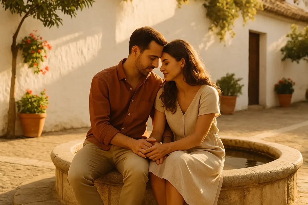 Fin de semana romántico en Andalucía: guía completa para parejas Couple seated close together in a quiet Andalusian courtyard, sharing a calm emotional moment