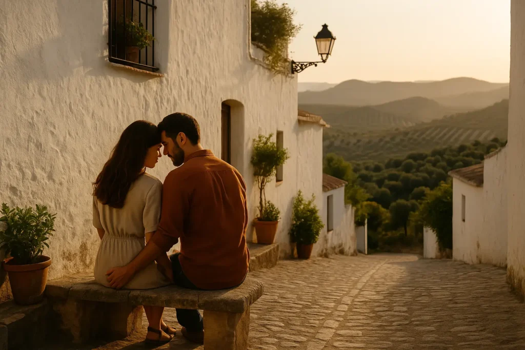 Los Pueblos Blancos Más Bonitos de Andalucía para una Escapada Romántica Couple sitting quietly in a whitewashed Andalusian village overlooking hills and olive groves,pueblos blancos de andalucia
