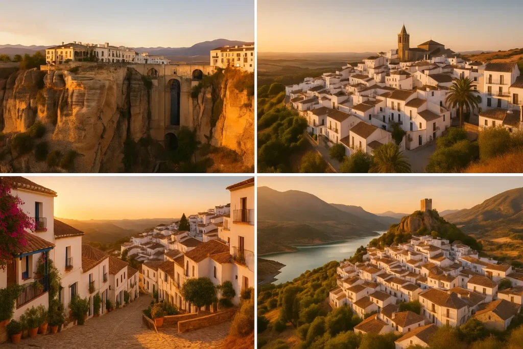 Los Pueblos Blancos Más Bonitos de Andalucía para una Escapada Romántica Panoramic view of four romantic white villages in Andalusia at sunset,pueblos blancos de andalucia