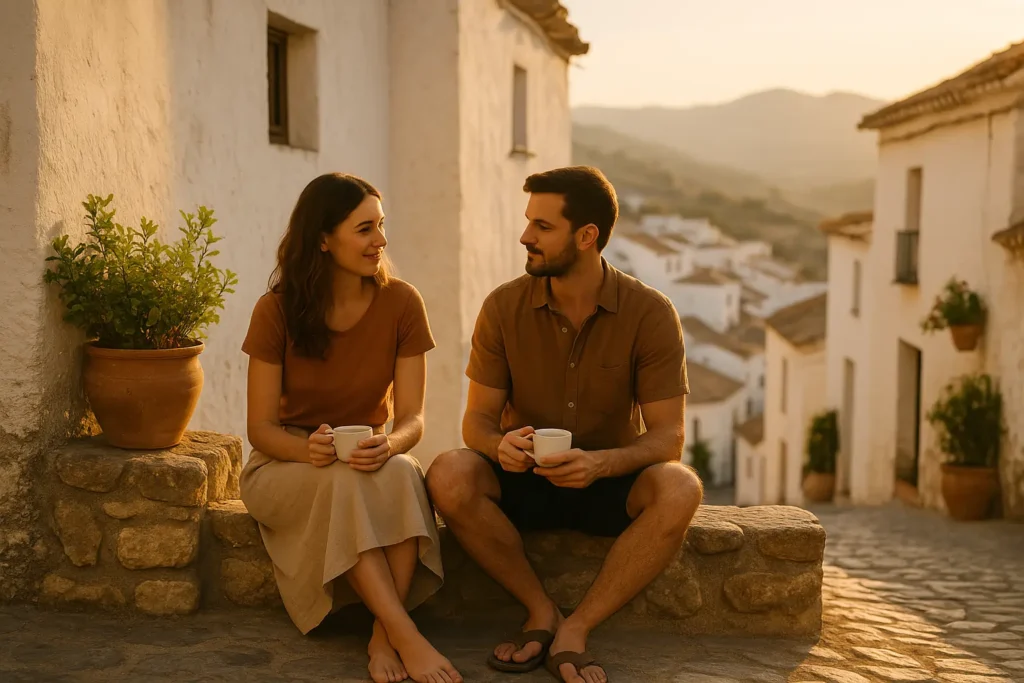Los Pueblos Blancos Más Bonitos de Andalucía para una Escapada Romántica Couple sitting peacefully in a white Andalusian village, sharing a quiet sunset moment
,pueblos blancos de andalucia
