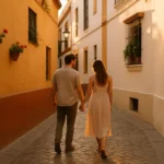 Couple walking slowly through a quiet, sunlit alley in romantic Seville Sevilla Romántica