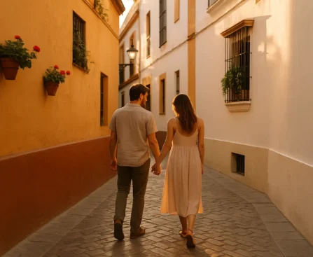 Couple walking slowly through a quiet, sunlit alley in romantic Seville Sevilla Romántica