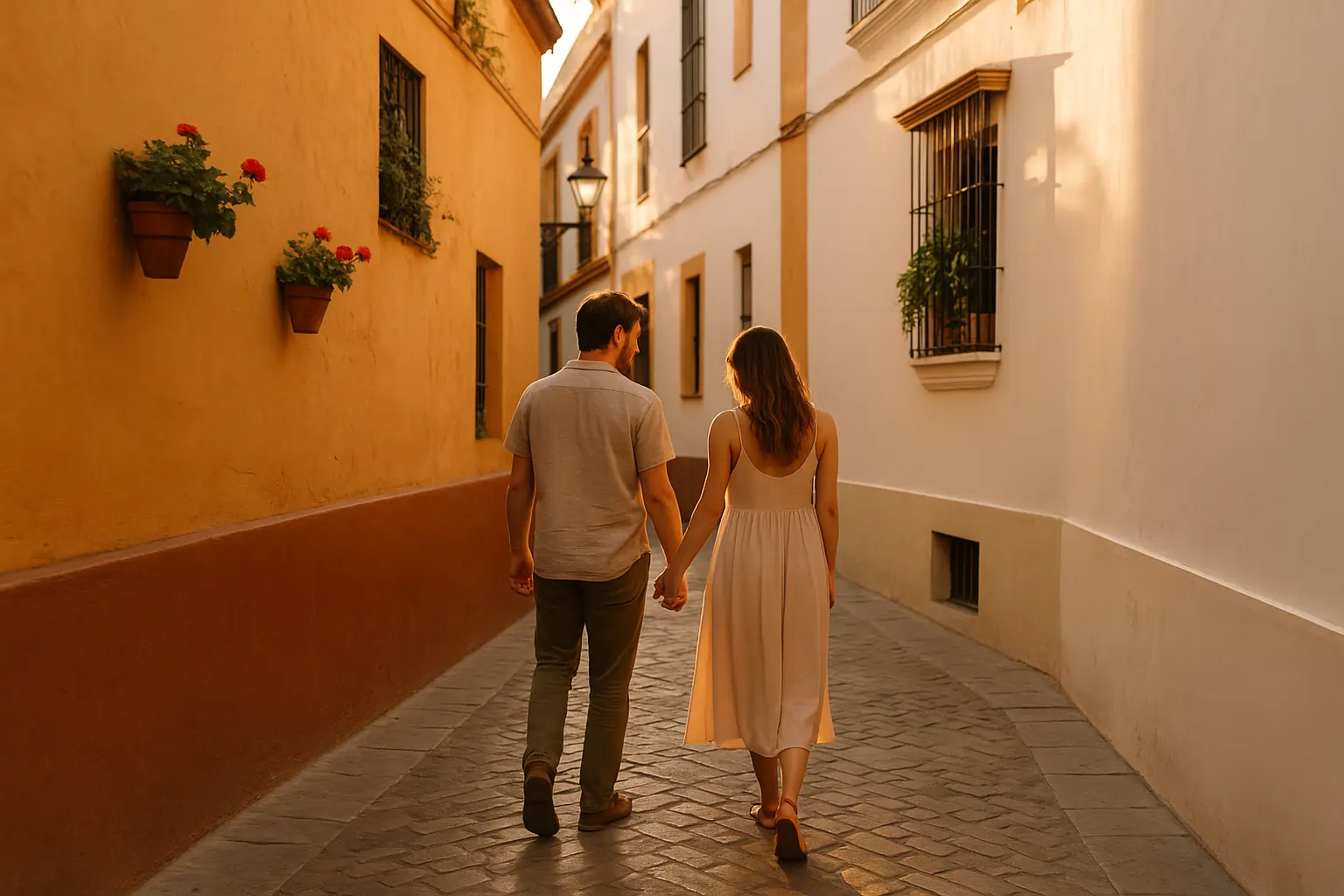 Couple walking slowly through a quiet, sunlit alley in romantic Seville Sevilla Romántica